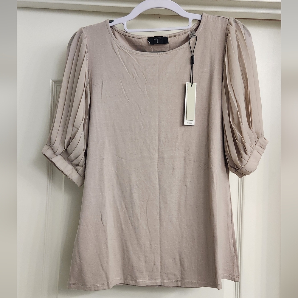 Tahari Light Beige Blouse with Pleated Sleeves